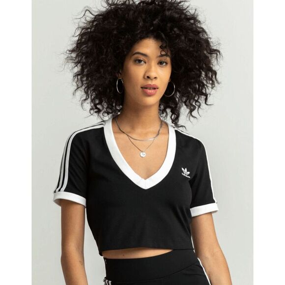 Adidas Tops - Brand New Adidas Originals 3 stripe V-Neck Cropped T-Shirt in Black Size 2XS